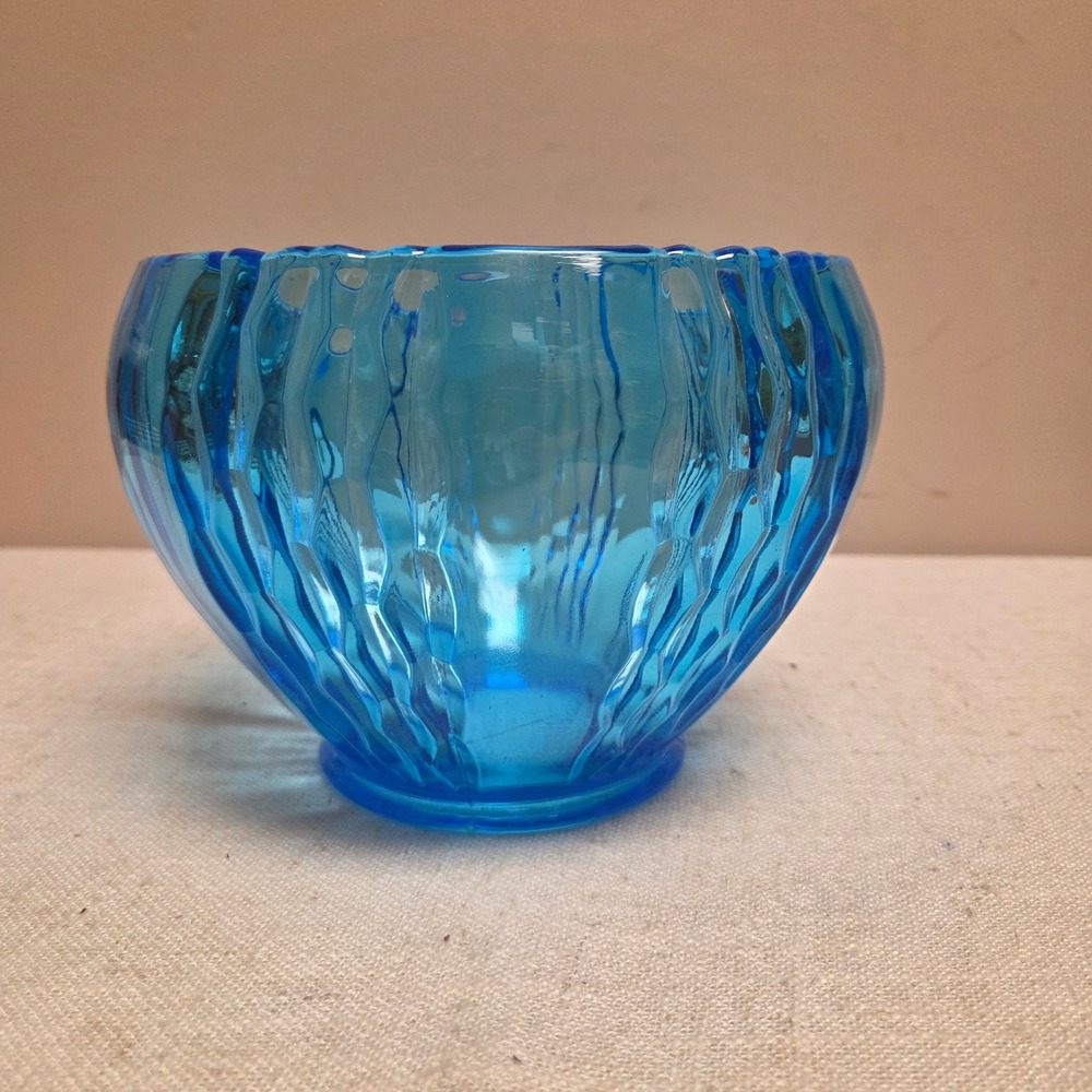 Vintage Blue Art Glass Textured Bowl Scalloped Rim Footed Candy Dish Turquoise